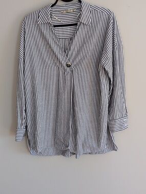 Zara Oversized Striped Cotton Linen long sleeve tunic Blue Grey Size large